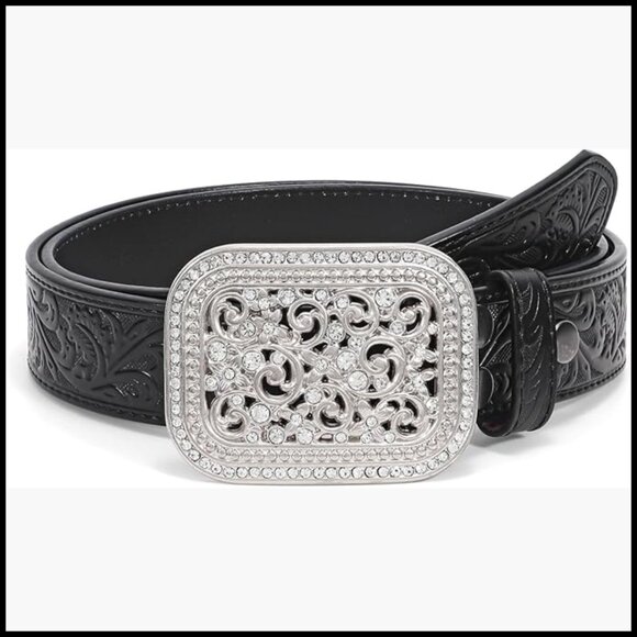 Genuine Leather Western Belt with Silver Diamond Buckle main image 4